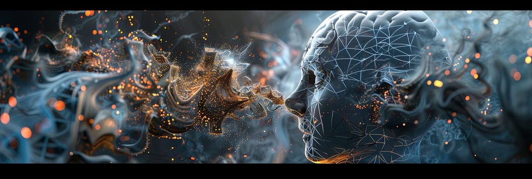 A futuristic visualization of a human brain connected to digital elements and neural networks, symbolizing the merging of human intelligence and artificial intelligence.