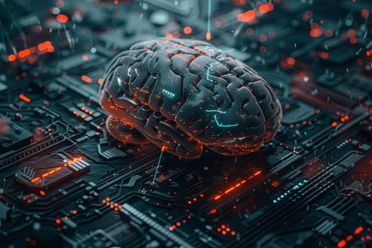 An abstract 3D rendering of a human brain integrated with digital elements and neural networks. This image symbolizes the fusion of human intelligence and AI.