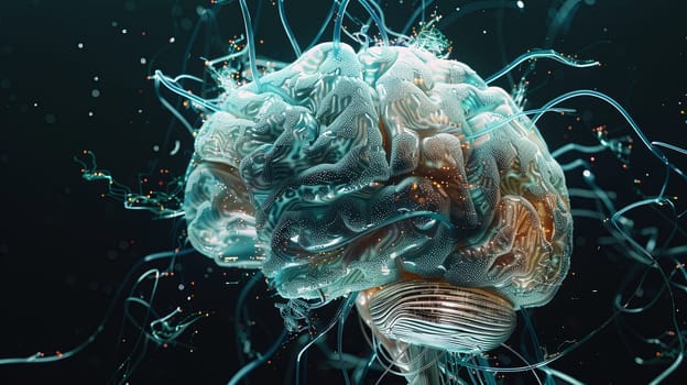 A digitally rendered human brain, integrated with neural networks, symbolizes the connection between human and artificial intelligence.