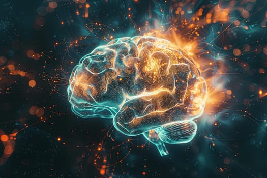 An abstract visualization of a human brain integrated with digital elements and neural networks, symbolizing the fusion of human intelligence and AI.