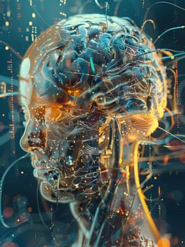 An abstract visualization of a human brain intertwined with digital elements and neural networks, representing the merging of human intelligence and artificial intelligence.