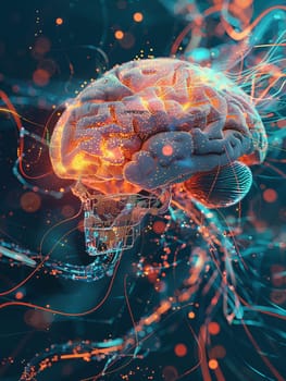 An abstract digital illustration depicting a human brain interwoven with neural networks and digital elements, symbolizing the convergence of human intelligence and AI.