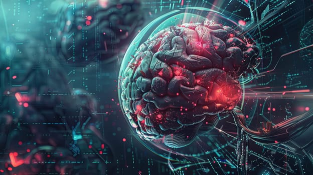 An abstract visualization of a human brain integrated with digital elements and neural networks, symbolizing the fusion of human intelligence and AI.