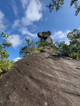 A stunning papagayo shape rock formation towers over vibrant green foliage, set against a clear blue sky.