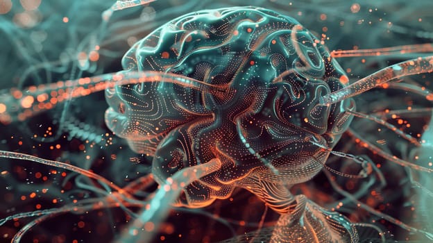 A digital rendering of a human brain integrated with AI, showcasing the potential for merging human intelligence with technology.