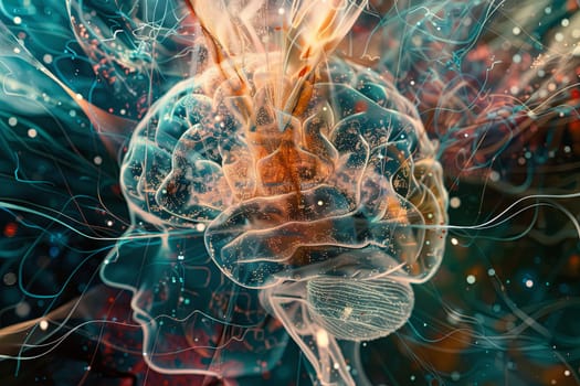 An abstract visualization of a human brain integrated with digital elements and neural networks, symbolizing the fusion of human intelligence and AI.