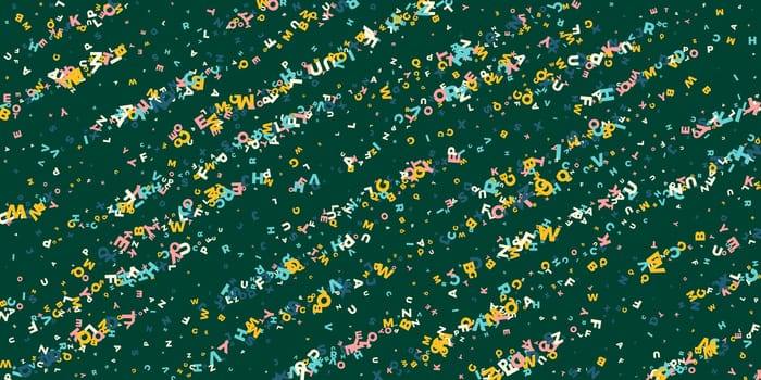 Flying latin letters. Colorful childish scattered charachters of English alphabet. Foreign languages study concept. Back to school banner .