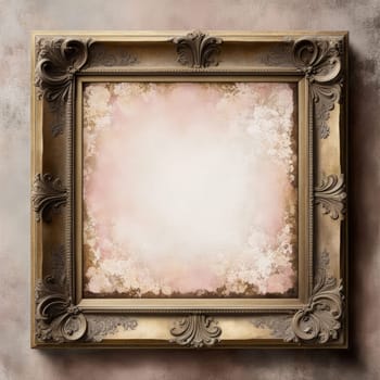 Vintage antique gold frame with wear and imperfections for photos and text . Colored background in Victorian style .