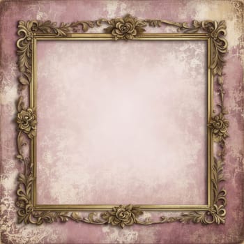 Vintage antique gold frame with wear and imperfections for photos and text . Colored background in Victorian style .