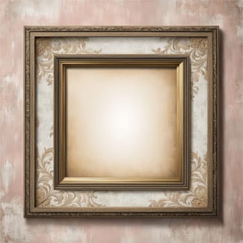 Vintage antique gold frame with wear and imperfections for photos and text . Colored background in Victorian style .