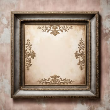 Vintage antique gold frame with wear and imperfections for photos and text . Colored background in Victorian style .