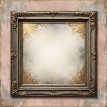 Vintage antique gold frame with wear and imperfections for photos and text . Colored background in Victorian style .