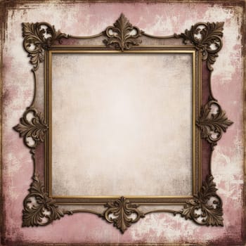 Vintage antique gold frame with wear and imperfections for photos and text . Colored background in Victorian style .