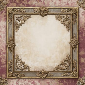 Vintage antique gold frame with wear and imperfections for photos and text . Colored background in Victorian style .