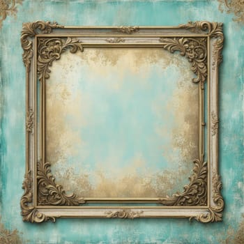 Vintage antique gold frame with wear and imperfections for photos and text . Colored background in Victorian style .