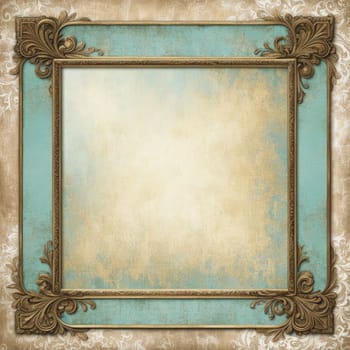 Vintage antique gold frame with wear and imperfections for photos and text . Colored background in Victorian style .