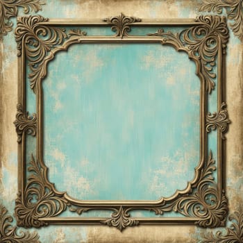 Vintage antique gold frame with wear and imperfections for photos and text . Colored background in Victorian style .
