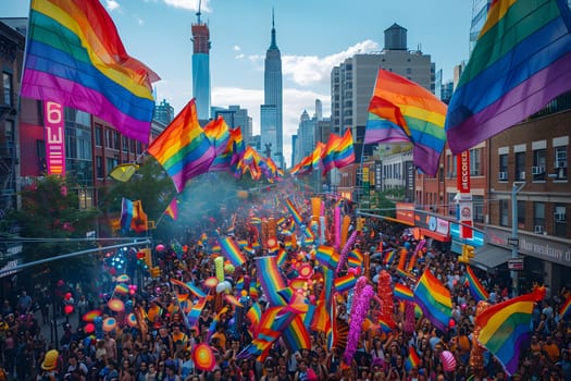 A large crowd of people are holding rainbow flags and walking down a street. Scene is celebratory and joyful