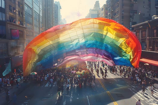 A rainbow flag is being carried by a crowd of people in a city. The flag is large and colorful, and the people are walking down the street. Scene is celebratory and joyful