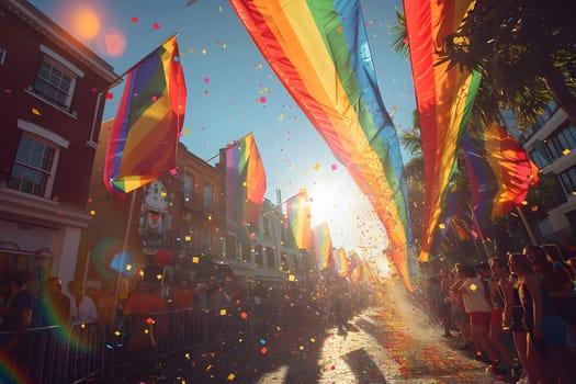 A rainbow of flags are flying in the air, with people walking down the street. Scene is celebratory and joyful, as the people are participating in a parade or festival