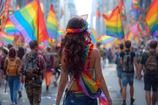 A woman wearing a rainbow headband and a colorful outfit walks down a crowded street with many other people