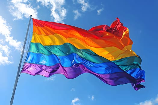 A rainbow flag is flying in the sky. The flag is colorful and vibrant, representing the community. The blue sky and the flag's colors create a sense of hope and unity