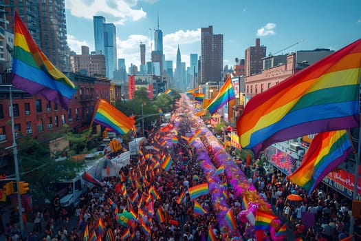 A large crowd of people are holding rainbow flags and walking down a street. Scene is celebratory and joyful