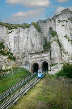 Le treport,france,22-04-2024: the famous blue railway wagons of the Funicular railway of Le Treport, Seine-Maritime Normandie, Normandy, France going up with sixtee three percent