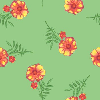 Marigold Flower Seamless Pattern. Hand Drawn Floral Digital Paper on Green Background.