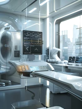 An advanced medical laboratory featuring a high-tech scanner analyzing patient data on a large screen, showcasing the capabilities of AI in modern healthcare.