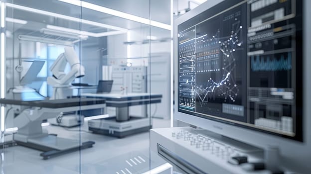 A sterile and modern medical laboratory featuring a high-tech scanner displaying patient data on a large screen, showcasing the use of AI in advanced medical diagnostics.