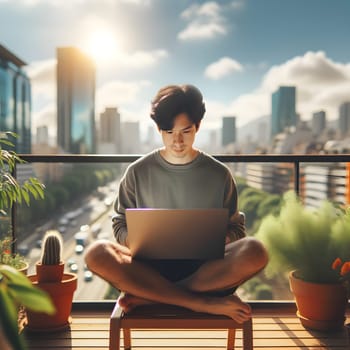 A young man works on his laptop on a balcony overlooking a city.