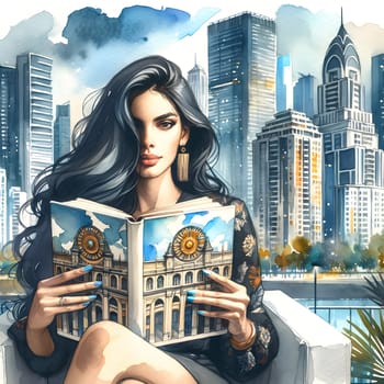 A woman with long black hair reads a book in a modern city setting.