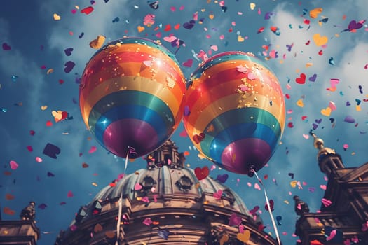 Two rainbow balloons float against a blue sky with confetti falling around them.