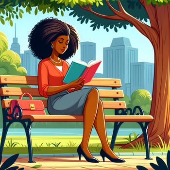 A woman sits on a park bench reading a book.