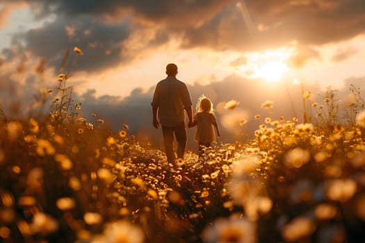 A father and daughter walk hand-in-hand through a field of flowers at sunset.