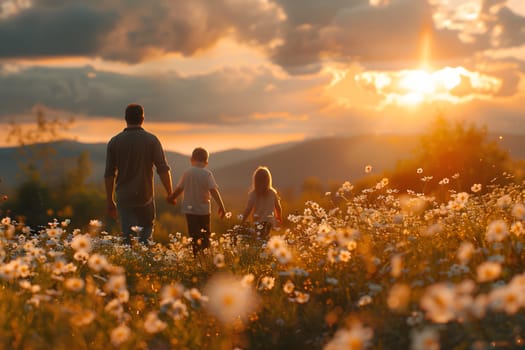 A family walks through a field of wildflowers at sunset.