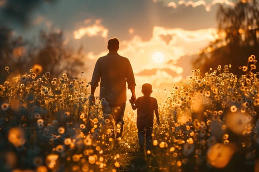 A father and son walk hand-in-hand through a field of flowers at sunset.