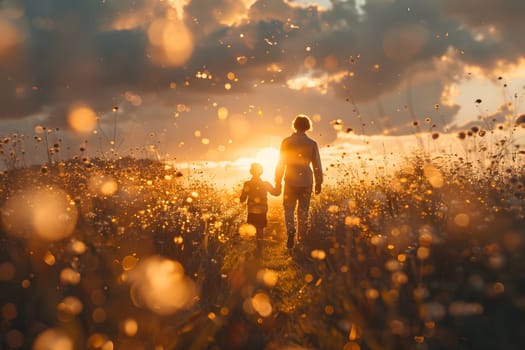 Two figures walk through a field at sunset, with the sun glowing behind them.