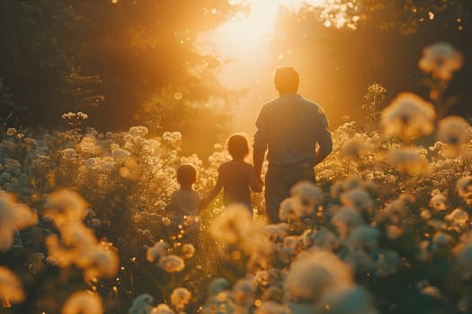 Silhouettes of a family walking through a field at sunset.