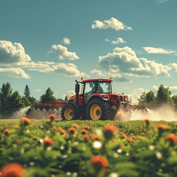 This image shows a red tractor spraying crops in a field on a sunny day.