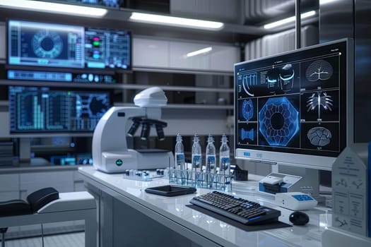 A high-tech medical laboratory with AI-powered diagnostic tools, featuring a large screen displaying patient data.