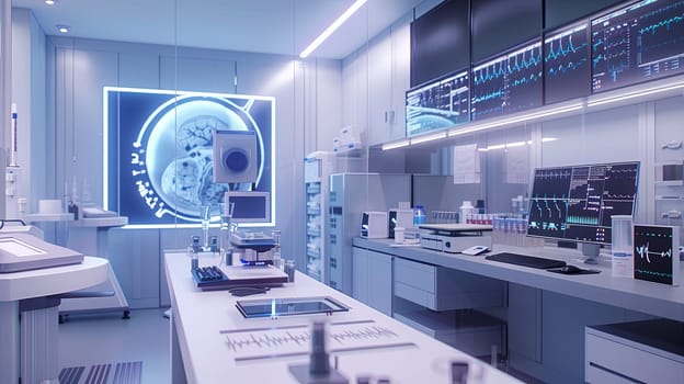 A modern medical laboratory showcasing advanced technology, including an AI-powered scanner analyzing data on a large screen.