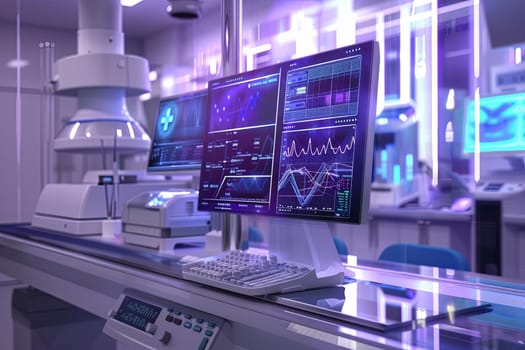 A modern medical laboratory with AI-powered diagnostic tools. The image shows a high-tech scanner analyzing patient data on a large screen.