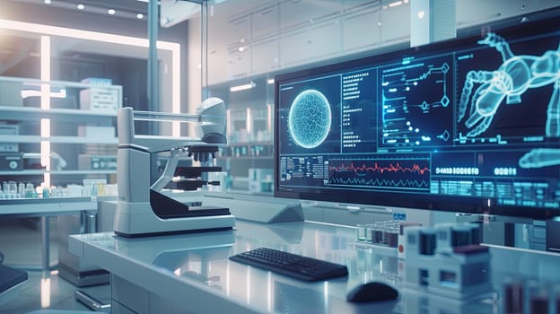 A sterile and modern medical laboratory featuring a high-tech scanner displaying patient data on a large screen, showcasing the use of AI in advanced medical diagnostics.