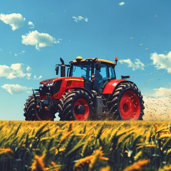 This image shows a red tractor spraying crops in a field on a sunny day.