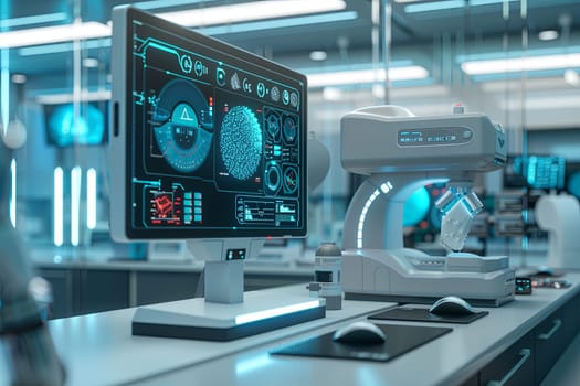 A modern medical laboratory with high-tech equipment, including an AI-powered scanner analyzing patient data on a large screen.