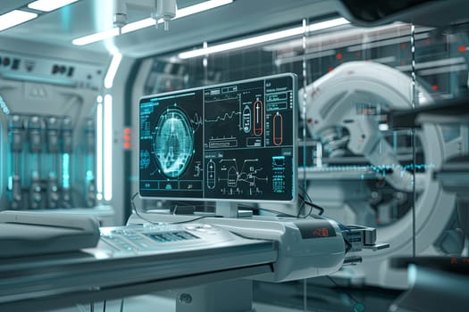 A futuristic medical laboratory with advanced AI-powered diagnostic tools, featuring a large screen displaying patient data.