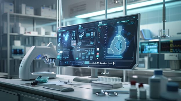 A modern medical laboratory featuring a high-tech computer screen displaying patient data being analyzed by AI-powered diagnostic tools.