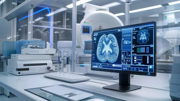 A modern medical laboratory with advanced equipment, featuring a computer monitor displaying a brain scan analyzed by AI-powered diagnostic tools.